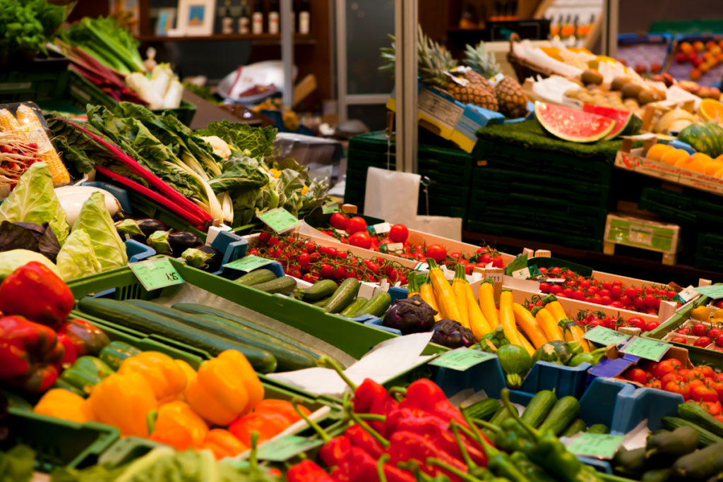 Fruit and vegetable stalls inside the Stuttgart Markthalle